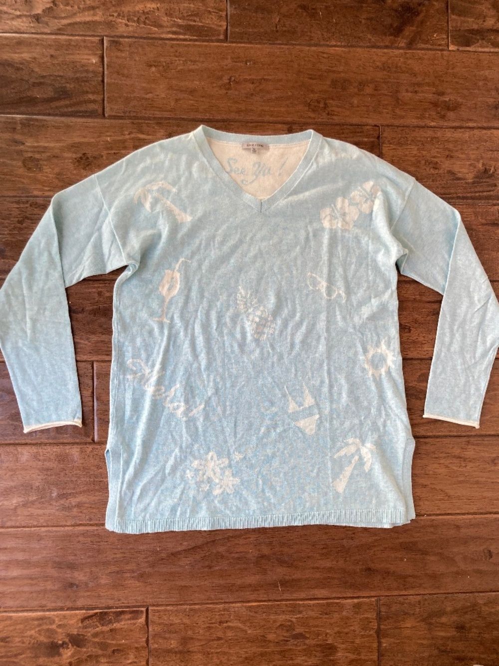 Lisa Todd Cashmere Cotton Sweater Medium V Neck Blue Tropical Aloha